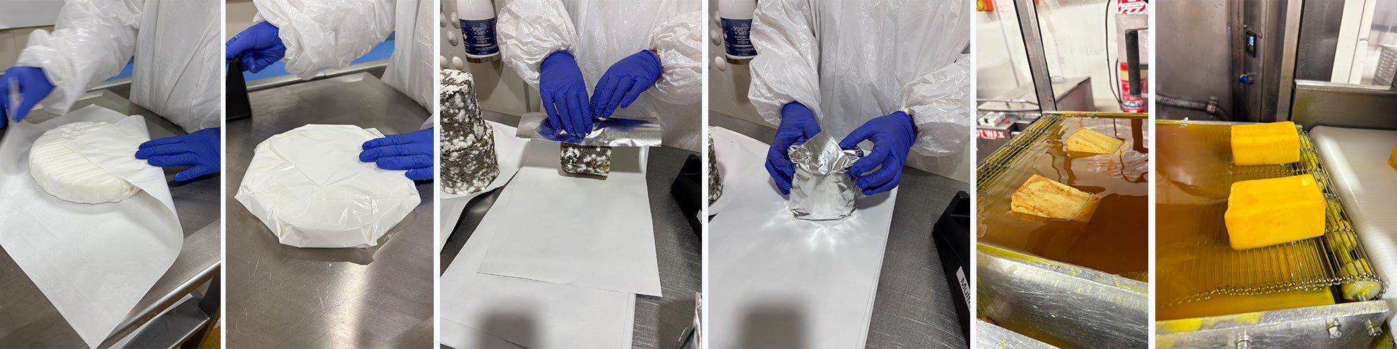 Collage of images showing different stages of cheese manufacturing process.